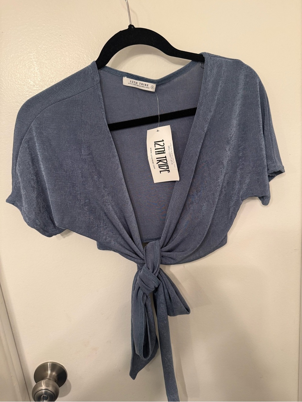 12th Tribe Dusty Blue V-Neck Top with Tie Detail